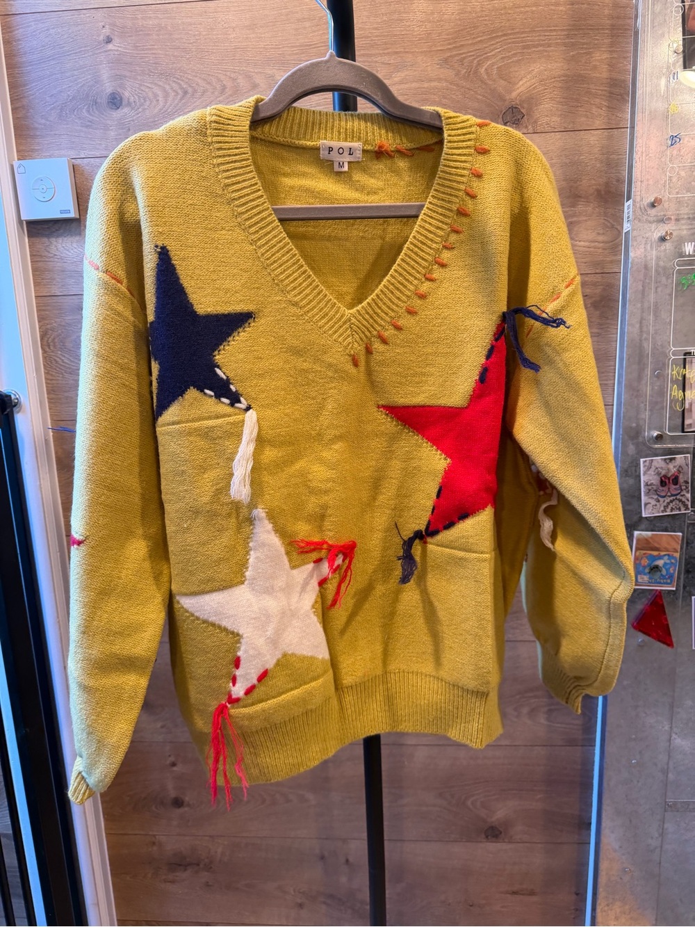 POL Star Patch V Neck Sweater Mustard Boho Fringe Detail NWOT Size M
